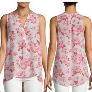 JOIE Aruna 100% Silk Top Sleeveless Split Neck Pink Floral Pleats Women's Size M